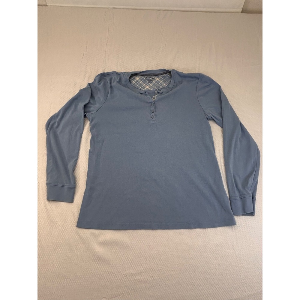 LL Bean Womens Henley Top Long Sleeve Blue Plaid Trim Cotton Blend L Large
